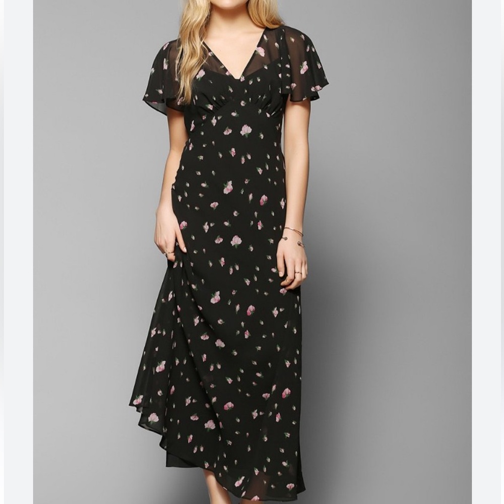 Betsey Johnson X Urban Outfitters Black Floral Flutter Sleeve Maxi Dress Size 4 - Picture 3 of 10
